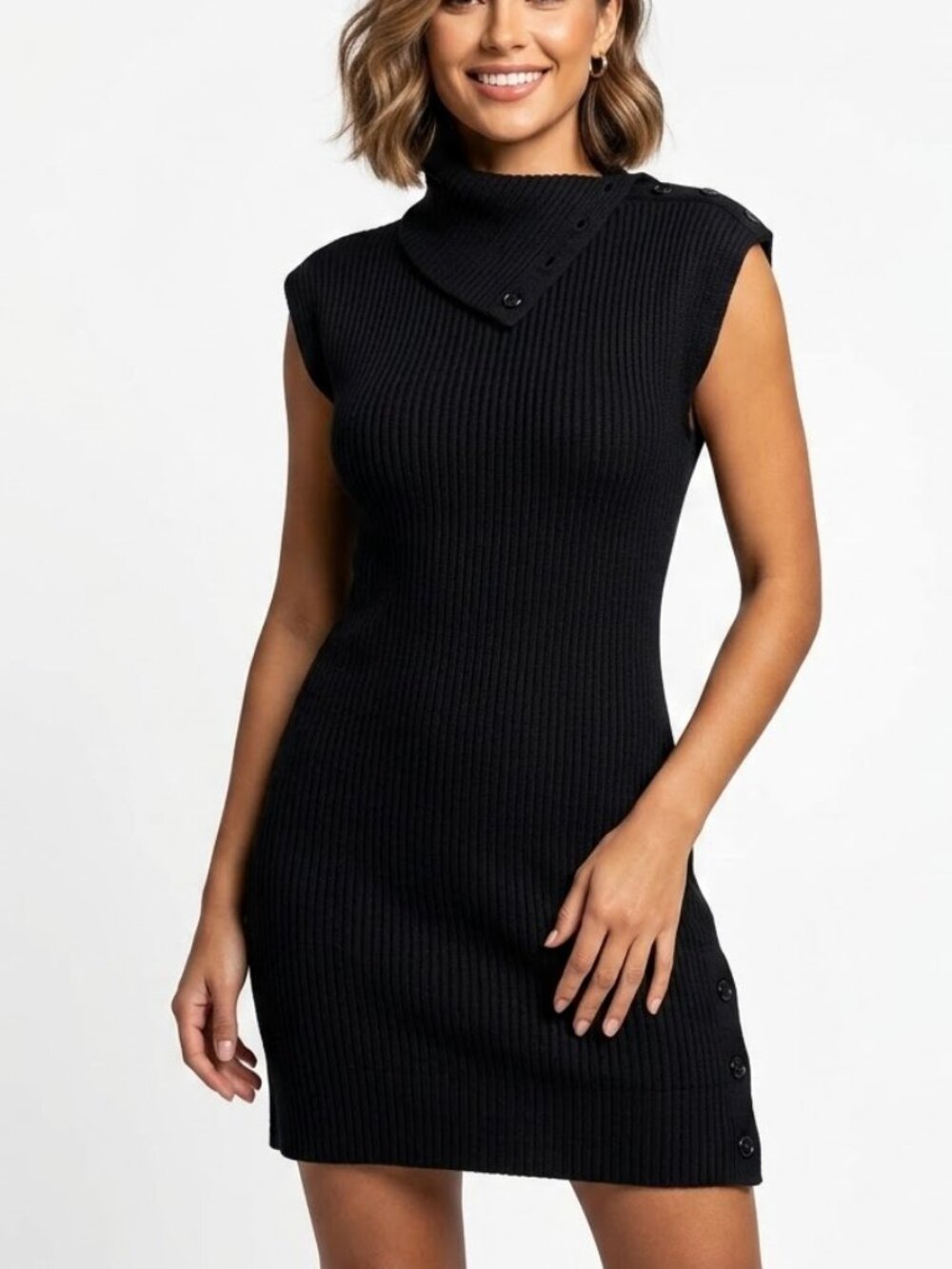 LE CORMANG Black Ribbed Knit Mock Neck Mini Dress Goth Core Button Detail S/M